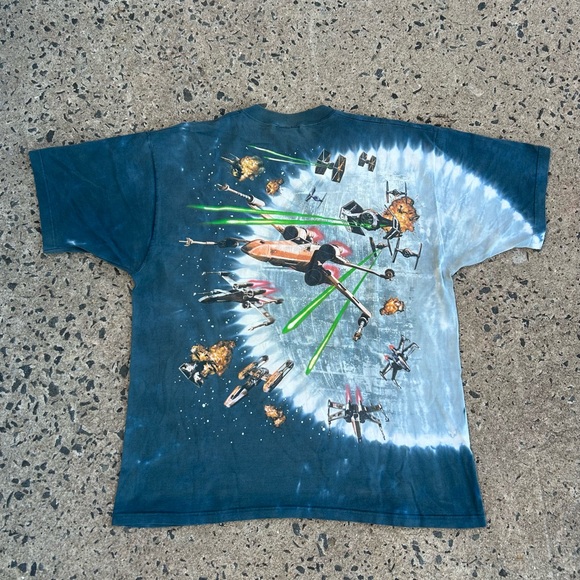 VTG Rare 1997 Star Wars Liquid Blue Tee Mens XL AOP Millennium Falcon Death Star - Picture 7 of 9